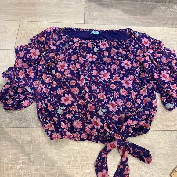 Cece Womens Floral Print Off-Shoulder Blouse With Tie Front M 100% Polyester Pur - Picture 1 of 7